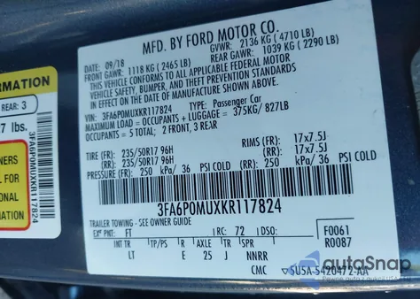 2019 Ford Fusion Hybrid Sel z USA, uszkodzony, nr VIN 3FA6P0MUXKR117824